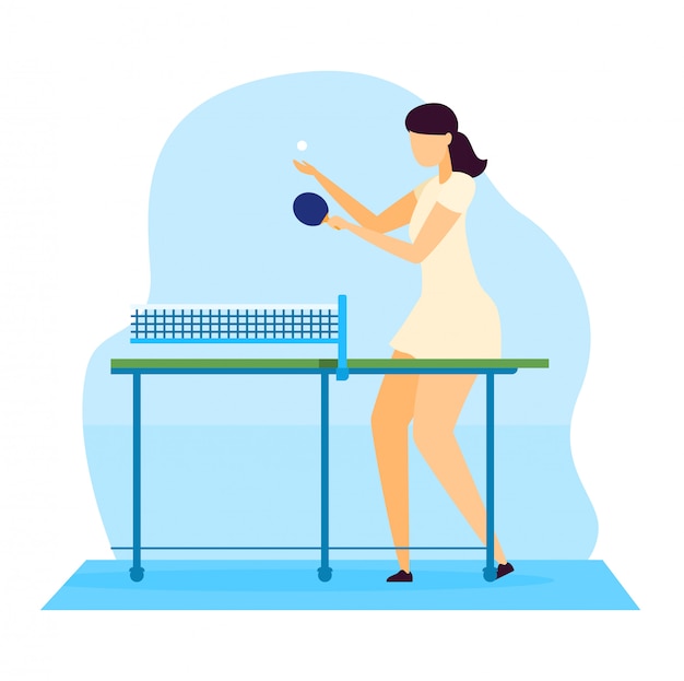 Vector ilustración de deportista, personaje de dibujos animados joven jugando ping pong tenis de mesa con raqueta en blanco