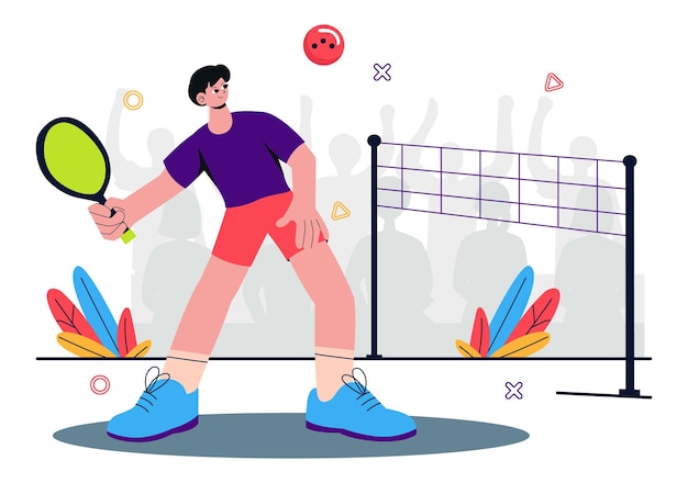 Ilustración deportiva del juego de pickleball con jugadores de Pickleball con raquetas, paletas y una cancha para actividades deportivas y partidos en el fondo
