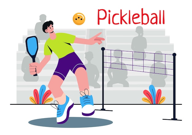 Ilustración deportiva del juego de pickleball con jugadores de Pickleball con raquetas, paletas y una cancha para actividades deportivas y partidos en el fondo