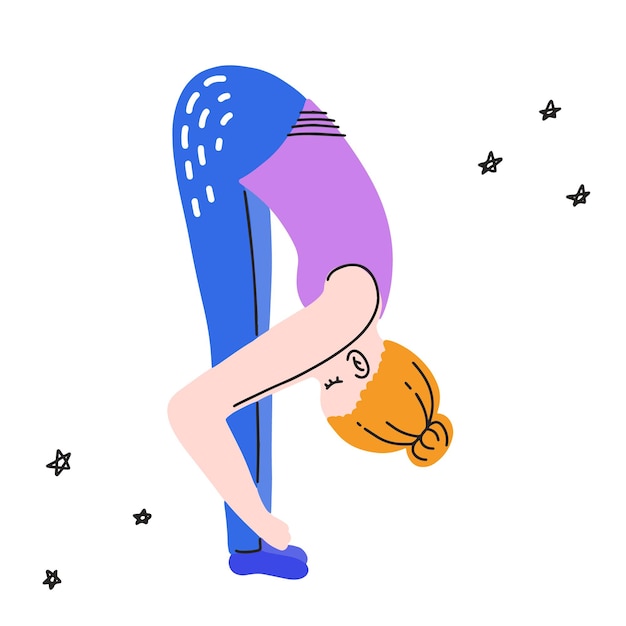 Ilustración deportiva con una niña en un estilo plano Deporte estilo de vida saludable Una mujer practica yoga fitness y meditación Vector Doodle Style