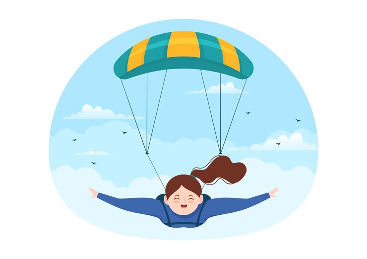 Vector ilustración deportiva de paracaidismo con paracaidistas que usan paracaídas y salto en el cielo en dibujos animados dibujados a mano