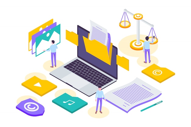 Ilustración de derecho de autor isométrico moderno y tecnología de internet  | Vector Premium