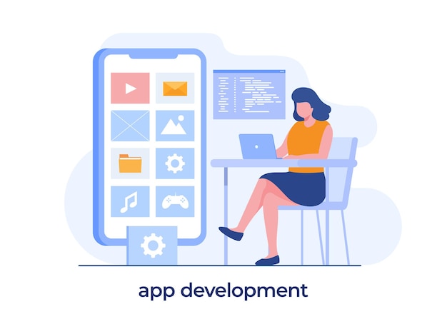 Ilustración de desarrollo de aplicaciones. Diseñador de UI y UX. Desarrollador de aplicaciones móviles vector diseño plano y fondo