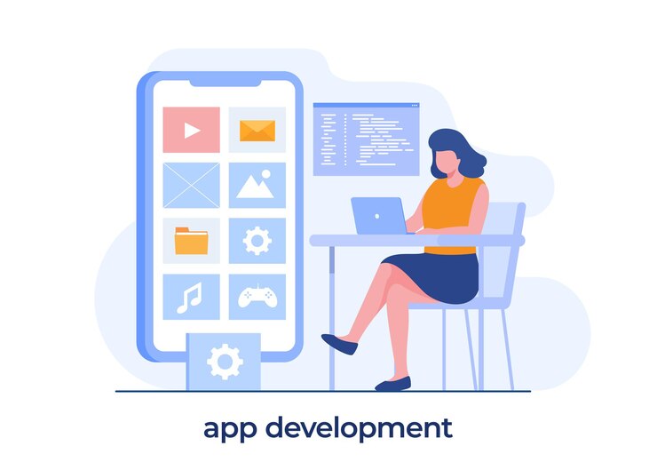 Vector ilustración de desarrollo de aplicaciones. diseñador de ui y ux. desarrollador de aplicaciones móviles vector diseño plano y fondo