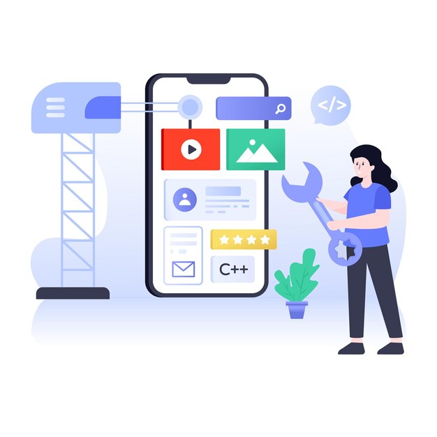 Ilustración de desarrollo de aplicaciones planas, codificación de aplicaciones y concepto de creación de aplicaciones
