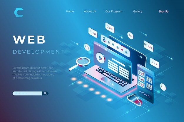 Ilustración del desarrollo del sitio web con programación y codificación, computadora portátil con pantallas virtuales interactivas en estilo isométrico