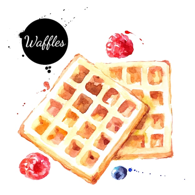 Ilustración de desayuno dibujada a mano en acuarela de gofres vieneses con bayas boceto de alimentos aislados