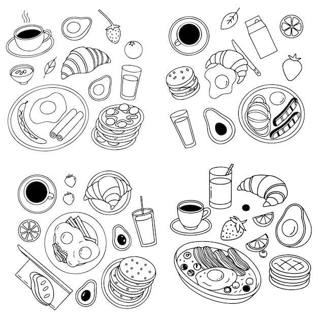 Ilustración de desayuno dibujada a mano con café huevo frito croissant leche cereales tocino salchichas