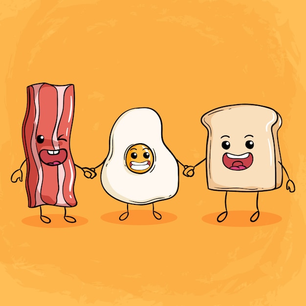 Ilustración de desayuno feliz con lindo tocino huevo frito y pan