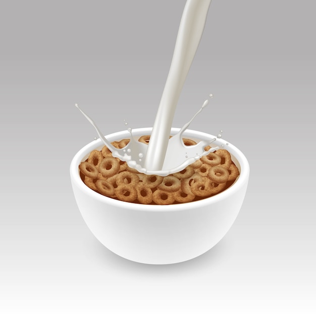 Ilustración de desayuno realista anillos de Ñ orn en cuenco de cerámica blanca con salpicaduras de leche