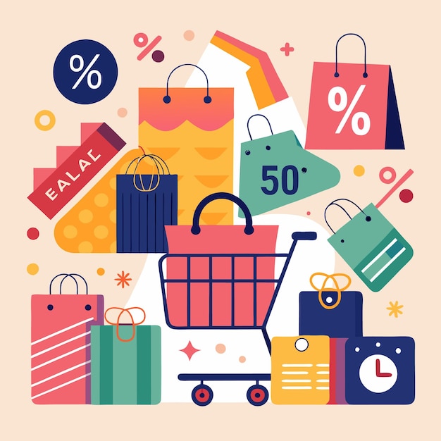 Ilustración de descuento de compras con etiquetas de bolsas e íconos de ventas