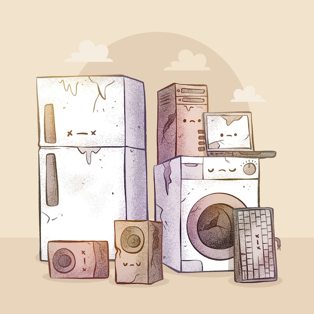 Ilustración de desechos electrónicos dibujada a mano