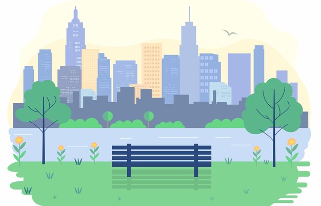 Vector ilustración de la designación de un banco en el parque de la ciudad con el paisaje urbano en un día brillante