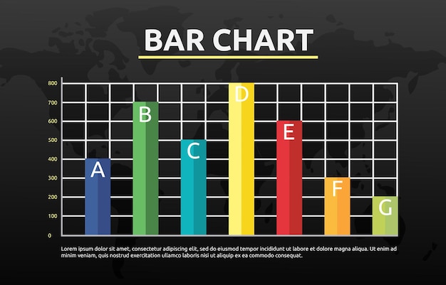 Ilustración de la designación plana de los datos del gráfico de barras de fluctuación empresarial con el fondo del mapa del mundo