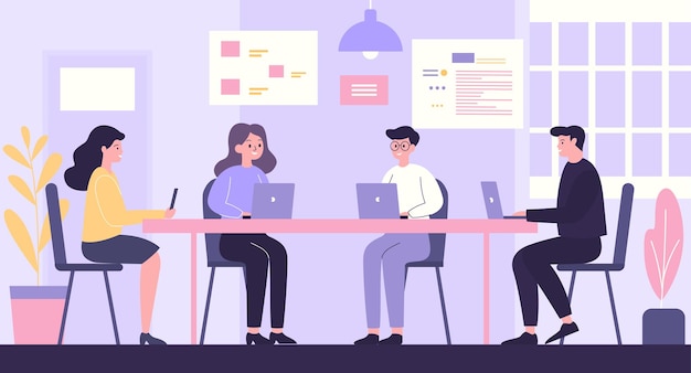Ilustración de la designación plana del trabajo en equipo Reunión de negocios en la oficina con infografía en pantalla