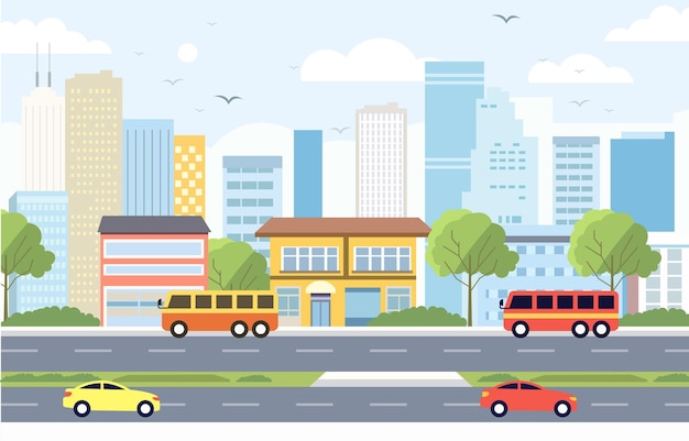 Ilustración de designación plana de un vehículo de autobús en el tráfico vial de la ciudad con el paisaje urbano en un día brillante
