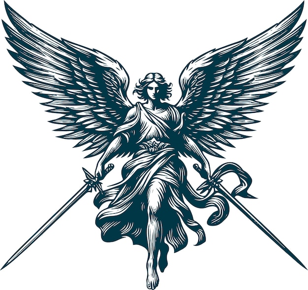 Ilustración detallada de un ángel alado con espadas en estilo de grabado