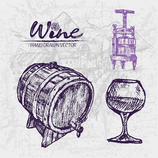 Ilustración detallada del arte de línea dibujado barriles de vino