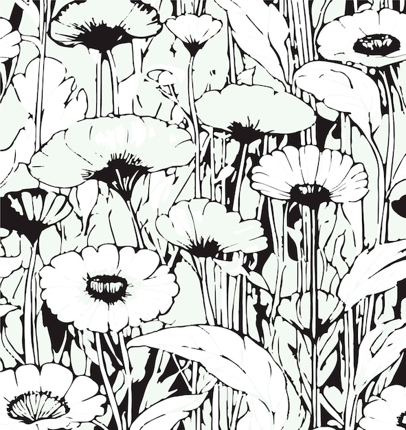 Ilustración detallada en blanco y negro de las flores de la amapola