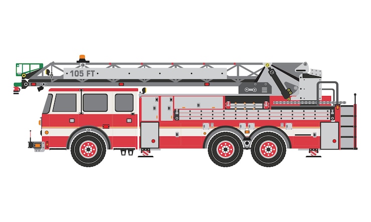 Ilustración detallada de camión de bomberos en estilo plano y vector de vista lateral