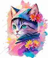 Vector una ilustración detallada cara ninja gato camiseta diseño flores salpicar creado con ia