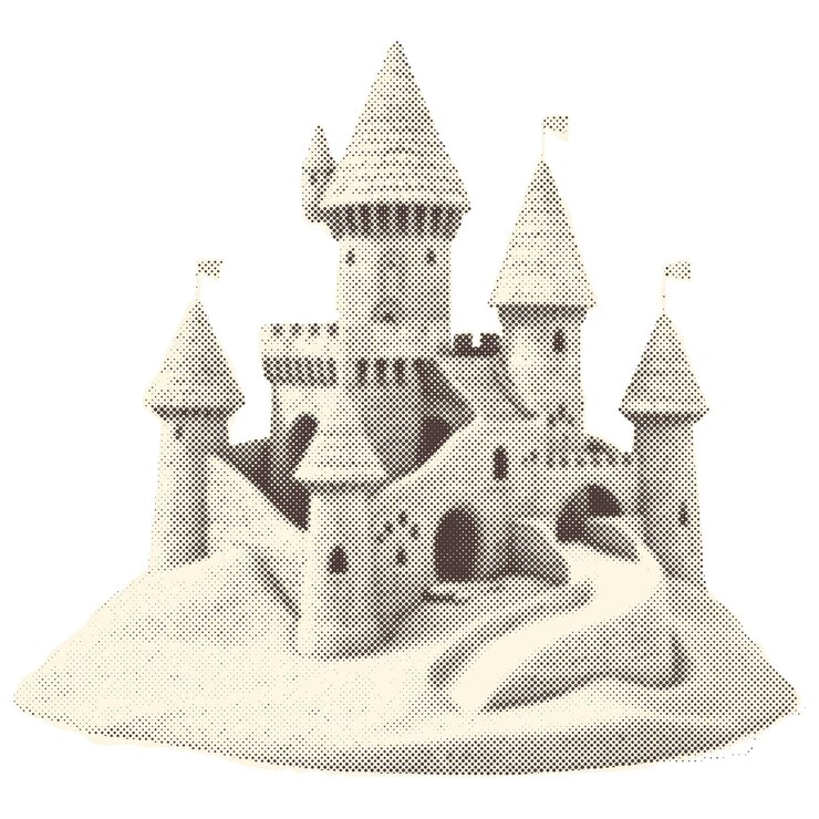 Vector una ilustración detallada de un castillo de cuento de hadas en una colina con múltiples torres torretas y un sinuoso