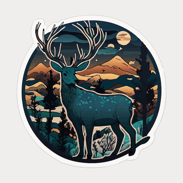 Ilustración detallada de un ciervo en un bosque con una cabaña de madera
