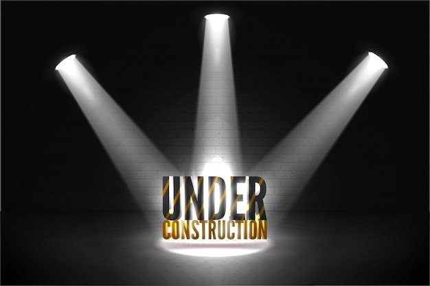 Ilustración detallada del error 404 en construcción. Texto rayado amarillo y negro en haz brillante de focos con resplandor. La página llegará pronto.