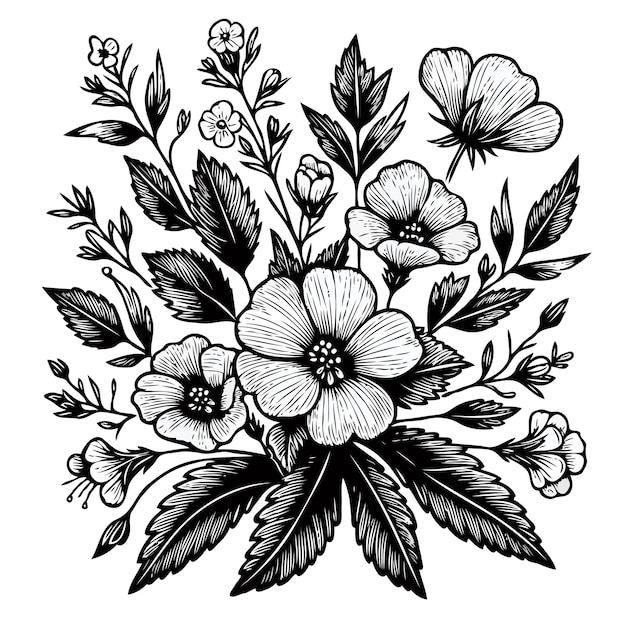 Ilustración detallada de flores en blanco y negro