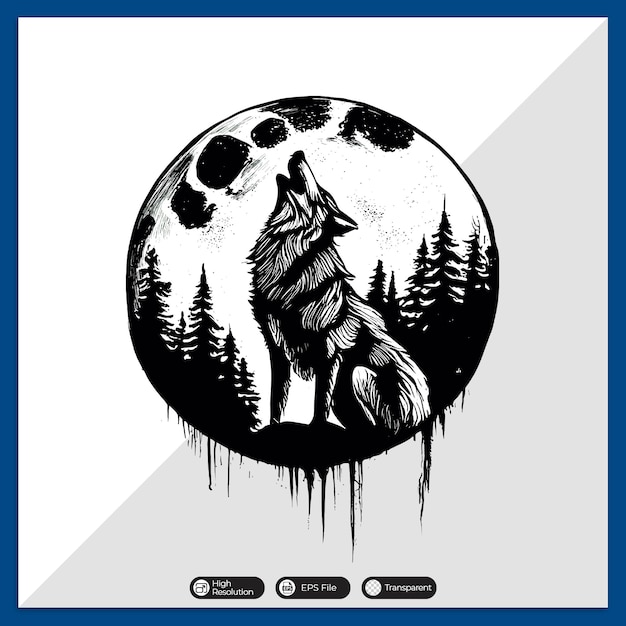 Vector una ilustración detallada del lobo y la luna