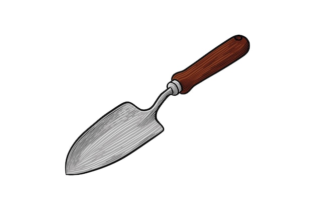 Una ilustración detallada de una paleta de jardinería con un mango de madera