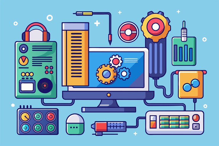 Vector una ilustración detallada que muestra varios artículos de hardware de computadora con etiquetas y diseños claros para la orientación del usuario manual de usuario de hardware de computación con ilustraciones planas