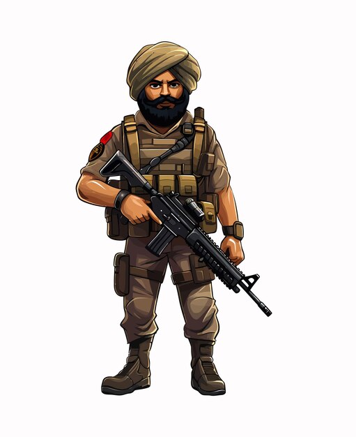 Ilustración detallada de un soldado sikh en uniforme de combate