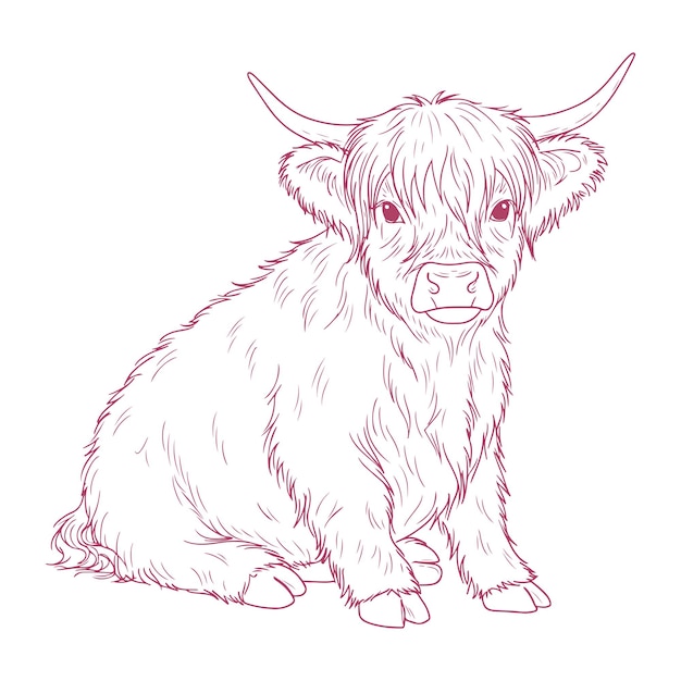 Ilustración detallada de la vaca bebé de las tierras altas Animal de granja esponjoso con textura dibujada a mano