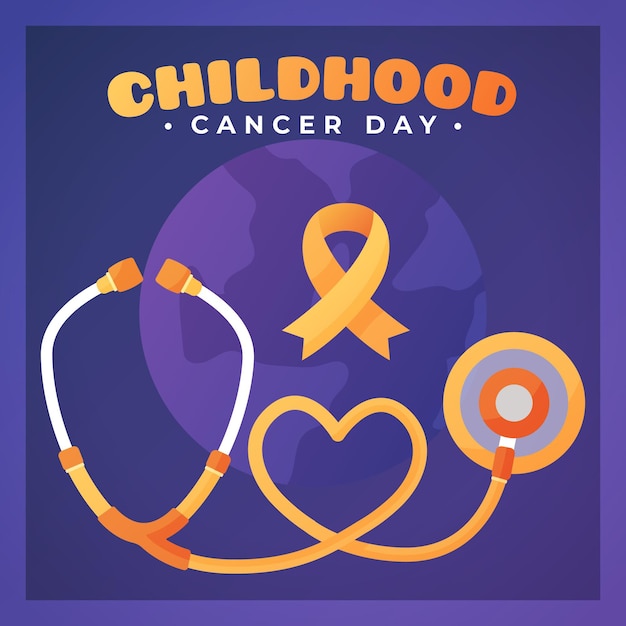 Vector ilustración del día del cáncer infantil con cinta y estetoscopio