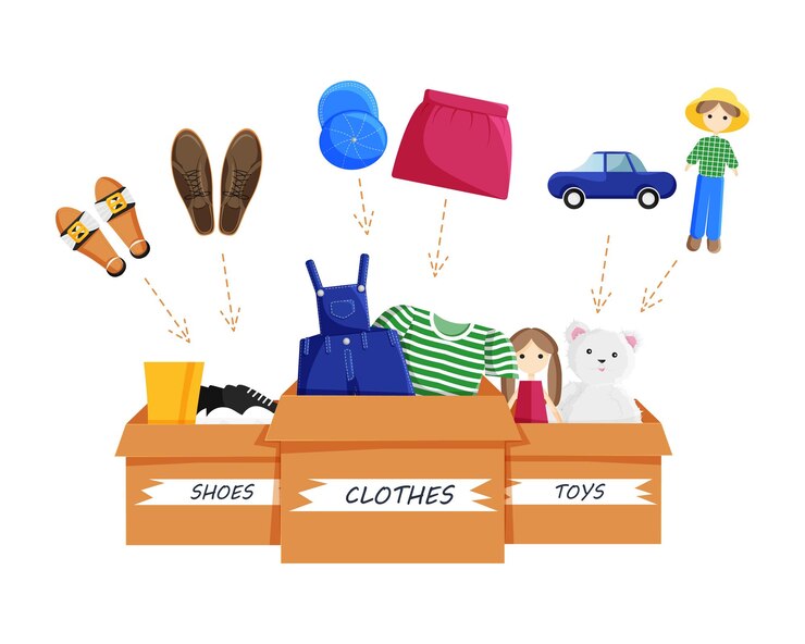 Vector ilustración del día de la caridad de la donación de ropa cajas de donación llenas de ropa concepto de caridad de atención social