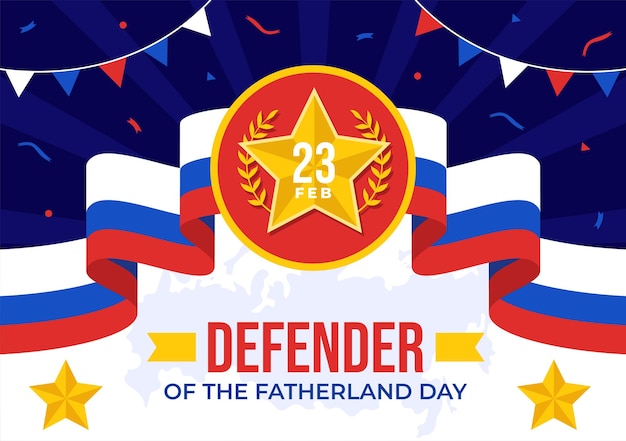Ilustración del Día del Defensor de la Patria con bandera y estrella rusas en la fiesta nacional de Rusia