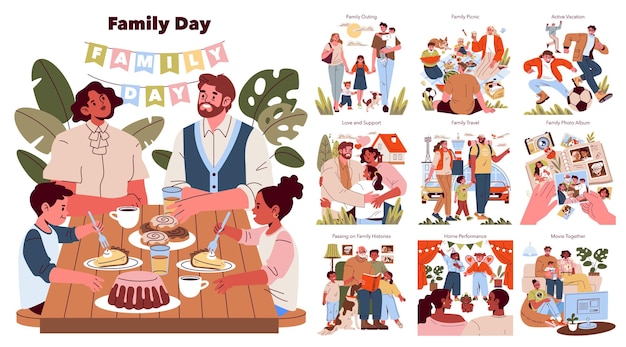 La ilustración del día familiar captura la esencia de la unión mostrando varias actividades como