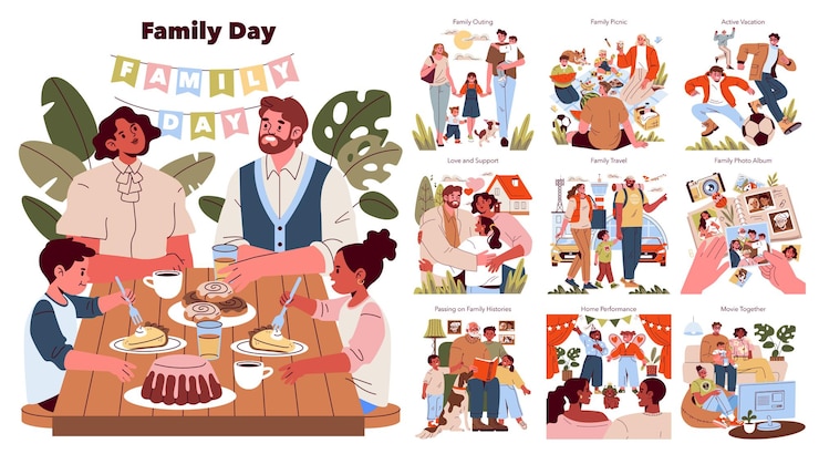 Vector la ilustración del día familiar captura la esencia de la unión mostrando varias actividades como