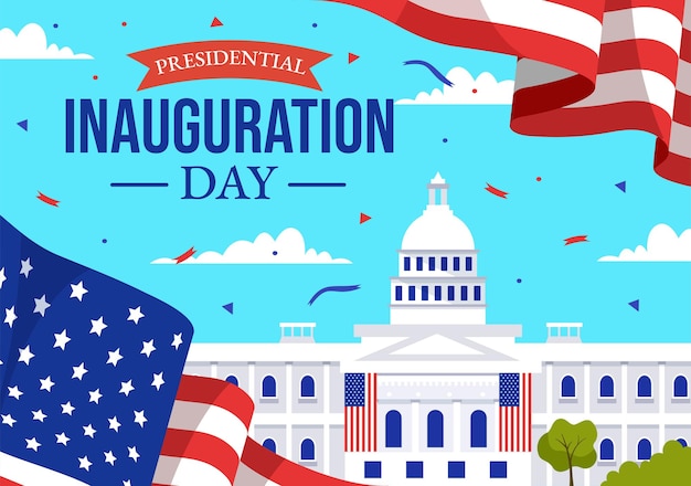 Ilustración del Día de la Inauguración Presidencial de los Estados Unidos con el Edificio del Capitolio de Washington DC y la Bandera Americana