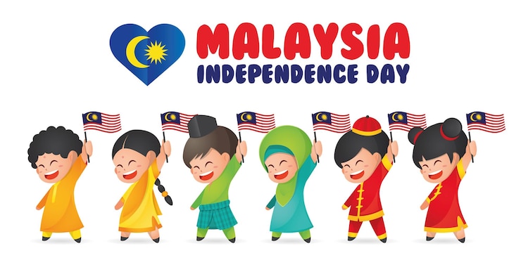 Ilustración del Día de la Independencia de Malasia con un lindo niño malayo, indio y chino.