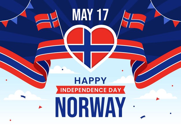 Ilustración del día de la independencia de noruega el 17 de mayo con bandera de noruega y cinta en fiesta nacional