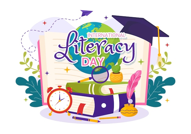 Ilustración del Día Internacional de la Alfabetización con libros y equipos educativos en las vacaciones educativas