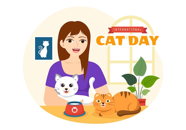 Ilustración del Día Internacional del Gato el 8 de agosto con la celebración del amor de los animales de los gatos en dibujos animados planos