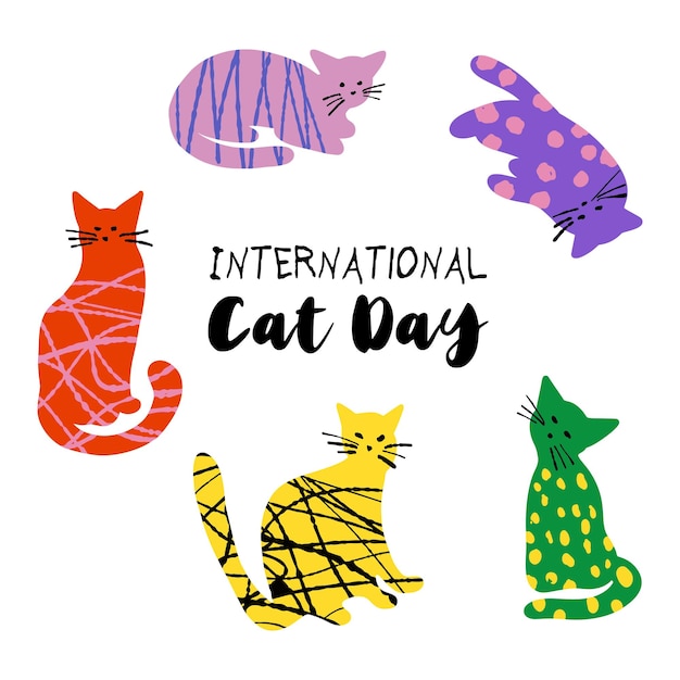 Ilustración del Día Internacional del Gato con gatos lindos coloridos texturizados aislados sobre fondo de color blanco