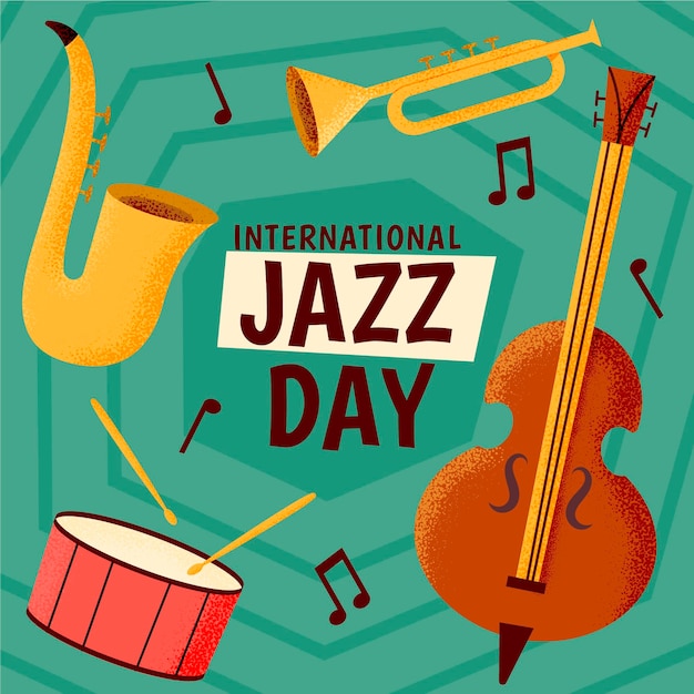 Vector ilustración del día internacional del jazz con instrumentos musicales.