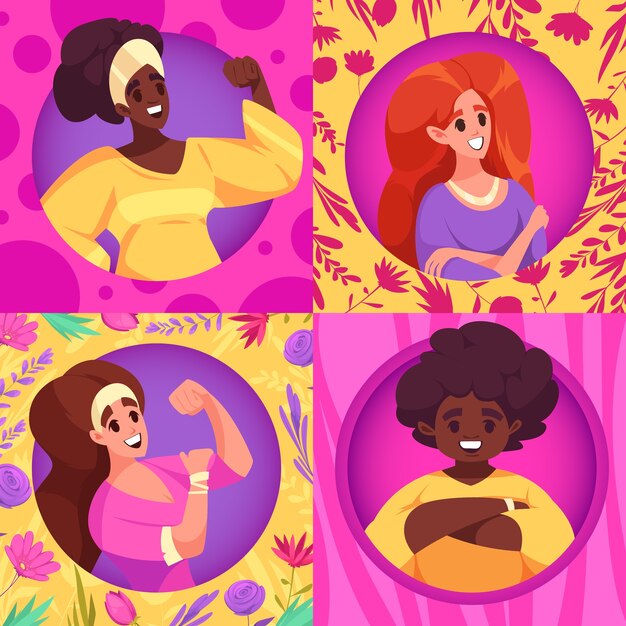 Ilustración del Día Internacional de la Mujer dibujada a mano con personajes femeninos y flores