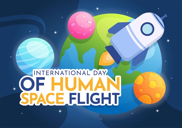 Ilustración del día internacional del vuelo espacial humano con cohetes y astronautas en plantillas dibujadas a mano