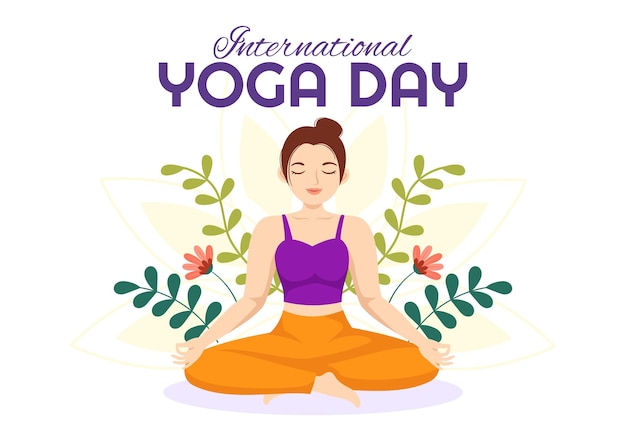 Ilustración del Día Internacional del Yoga el 21 de junio con una mujer haciendo práctica de postura corporal o meditación