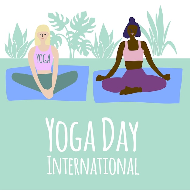 Ilustración del día internacional del yoga dos mujeres haciendo asana en la naturaleza